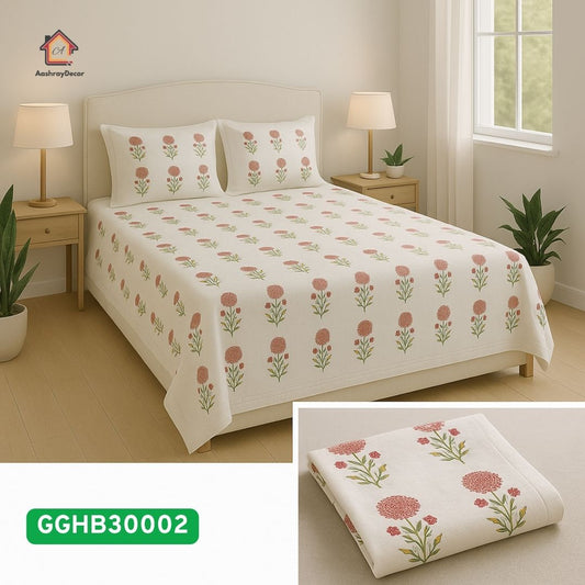 Premium 100% Cotton Handblock Printed Flat Bedsheet – 300 TC, Floral Design, White with Pink Flowers & Leaves – Size 275x275 cm | Pillow Covers Included |