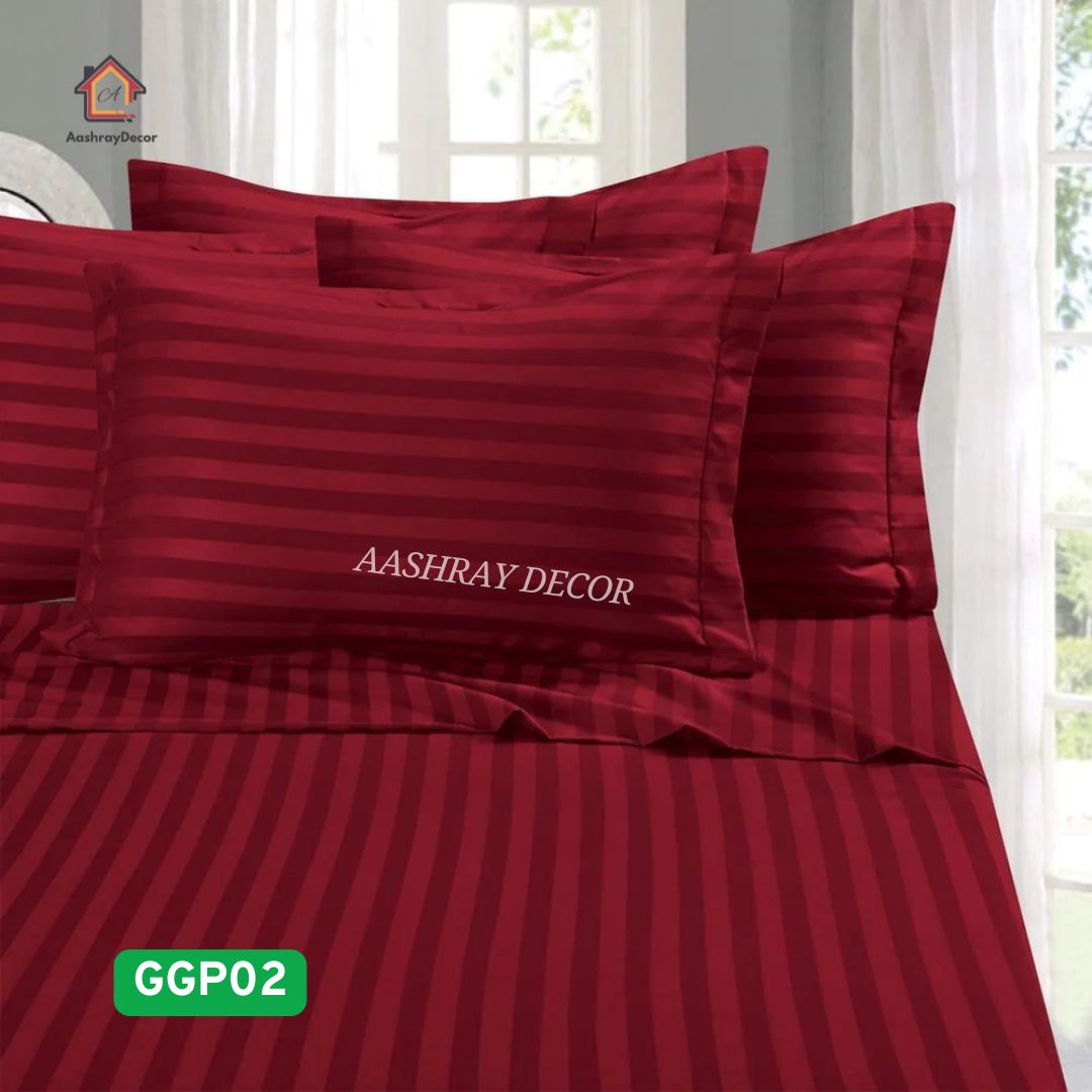 Red Striped 100% Cotton King Bedsheet Set with 2 Pillow Covers | 300 TC | GGP02