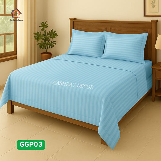Light Blue Striped 100% Cotton King Bedsheet Set | 300 TC | GGP03
