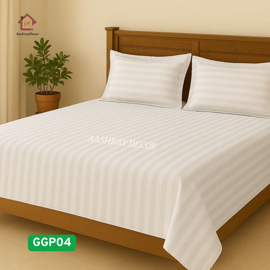 White Striped 100% Cotton King Bedsheet Set | 300 TC | GGP04