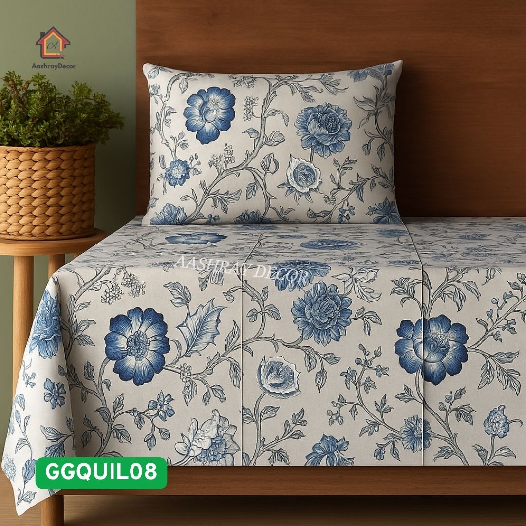 Premium 100% Cotton Flat Bedsheet with Quilted Floral Pillow Covers – Light Beige & Blue, Size 275x275 cm (Code: GGQUIL08)