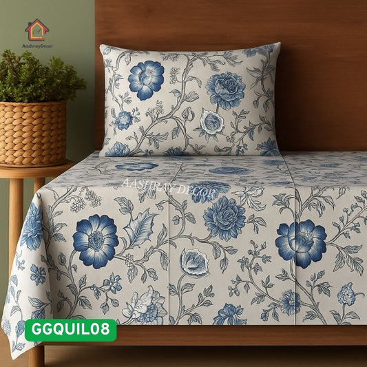 Premium 100% Cotton Flat Bedsheet with Quilted Floral Pillow Covers – Light Beige & Blue, Size 275x275 cm (Code: GGQUIL08)