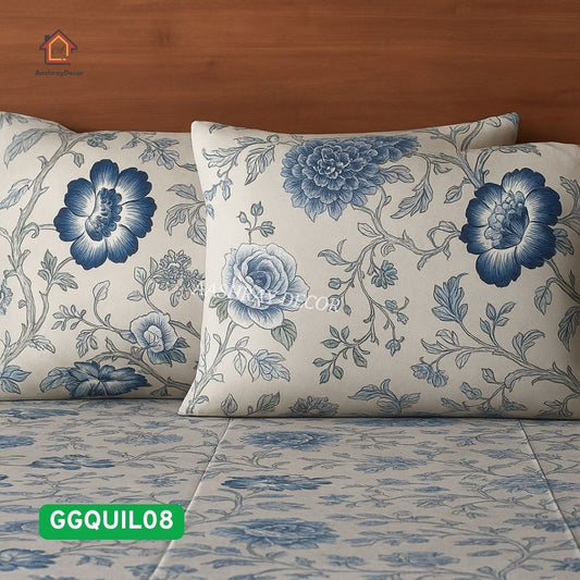 Premium 100% Cotton Flat Bedsheet with Quilted Floral Pillow Covers – Light Beige & Blue, Size 275x275 cm (Code: GGQUIL08)