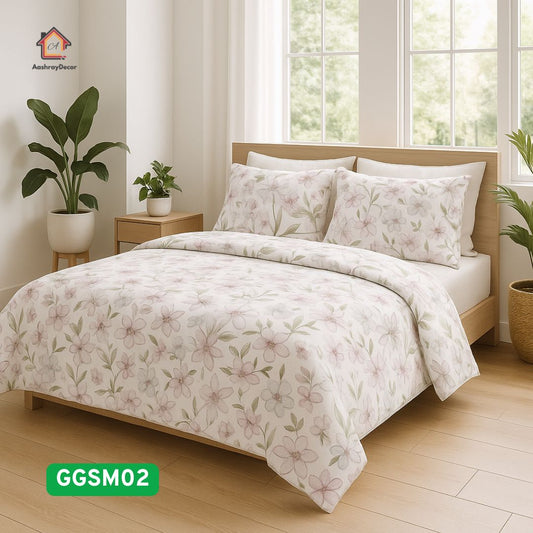Pastel Bloom – 100% Cotton King Size Floral Bedsheet Set | With 2 Frill Lace Pillow Covers | 300 TC