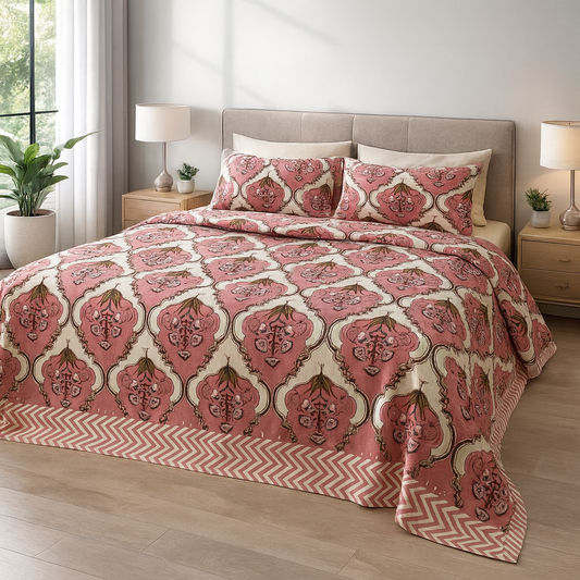 GULDASTA 108×108 King Size Pure Cotton Bedsheet Set – Blush Pink Floral Elegance | JAIBP02