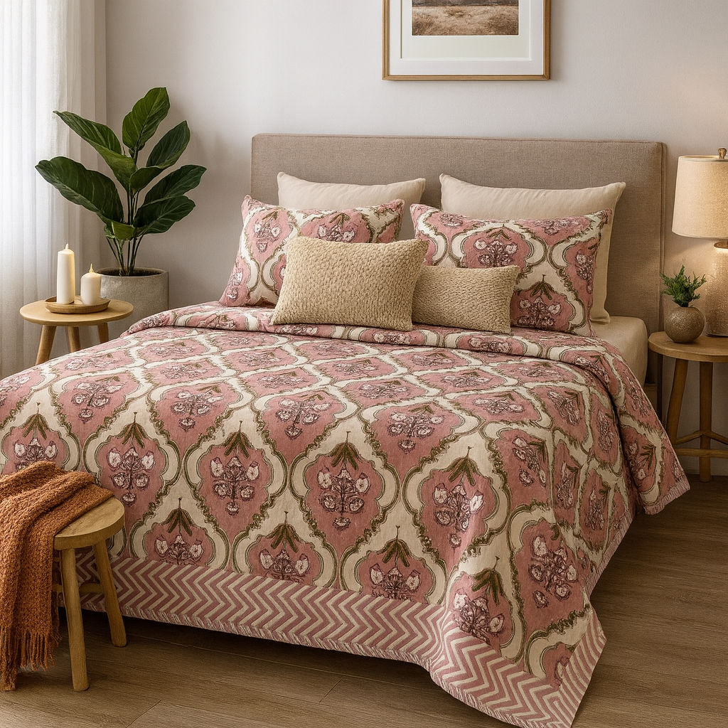 GULDASTA 108×108 King Size Pure Cotton Bedsheet Set – Blush Pink Floral Elegance | JAIBP02