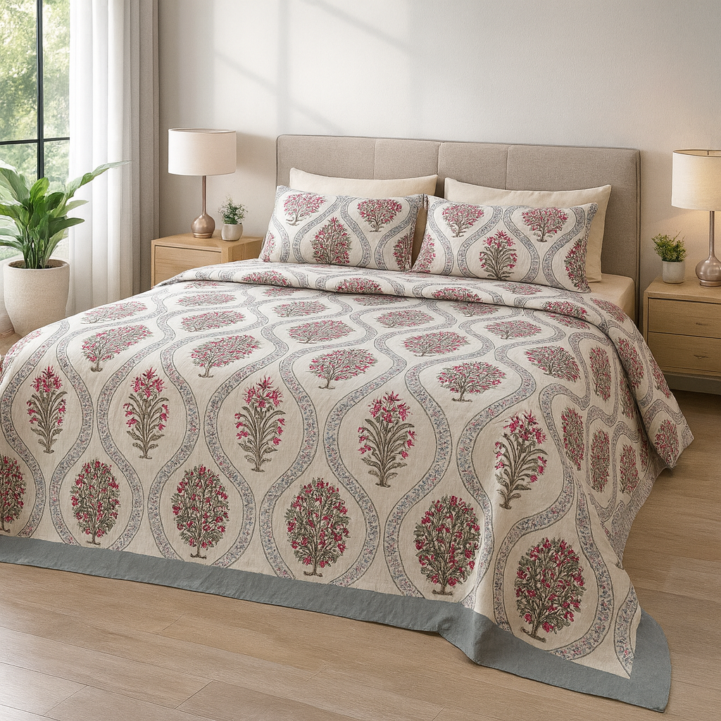 GULDASTA 108×108 King Size Pure Cotton Bedsheet Set – Ivory Pink Floral Harmony | JAIBP03