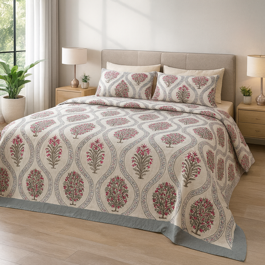 GULDASTA 108×108 King Size Pure Cotton Bedsheet Set – Ivory Pink Floral Harmony | JAIBP03