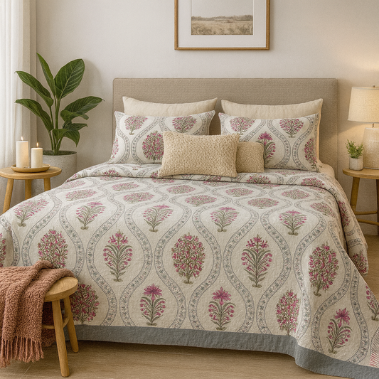 GULDASTA 108×108 King Size Pure Cotton Bedsheet Set – Ivory Pink Floral Harmony | JAIBP03