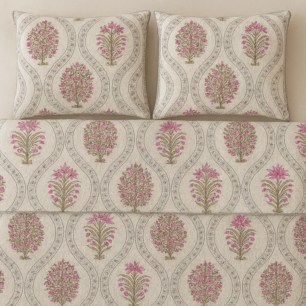 GULDASTA 108×108 King Size Pure Cotton Bedsheet Set – Ivory Pink Floral Harmony | JAIBP03