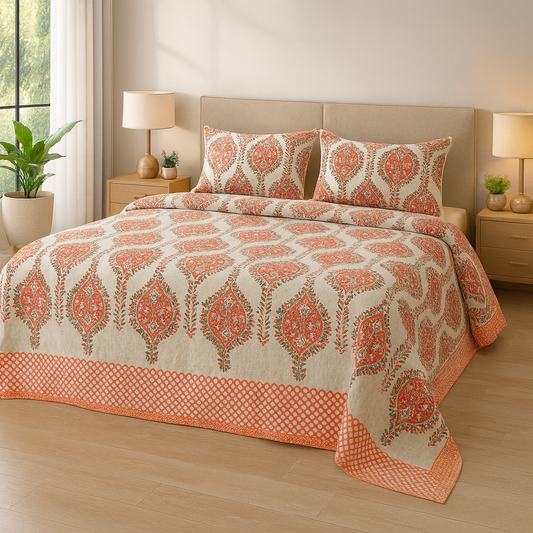 108×108 Pure Cotton King Size Bedsheet | GULDASTA Collection – Coral Leaf Motif | JAIBP04