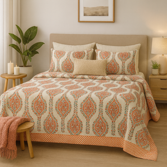 108×108 Pure Cotton King Size Bedsheet | GULDASTA Collection – Coral Leaf Motif | JAIBP04