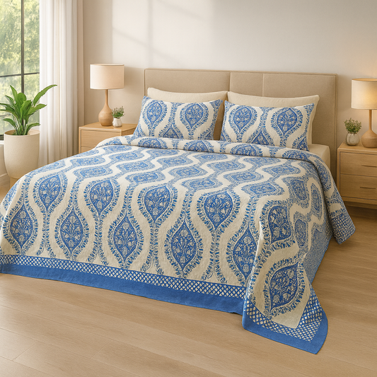 108×108 Pure Cotton King Size Bedsheet | GULDASTA Collection – Blue Royal Vine Motif | JAIBP05