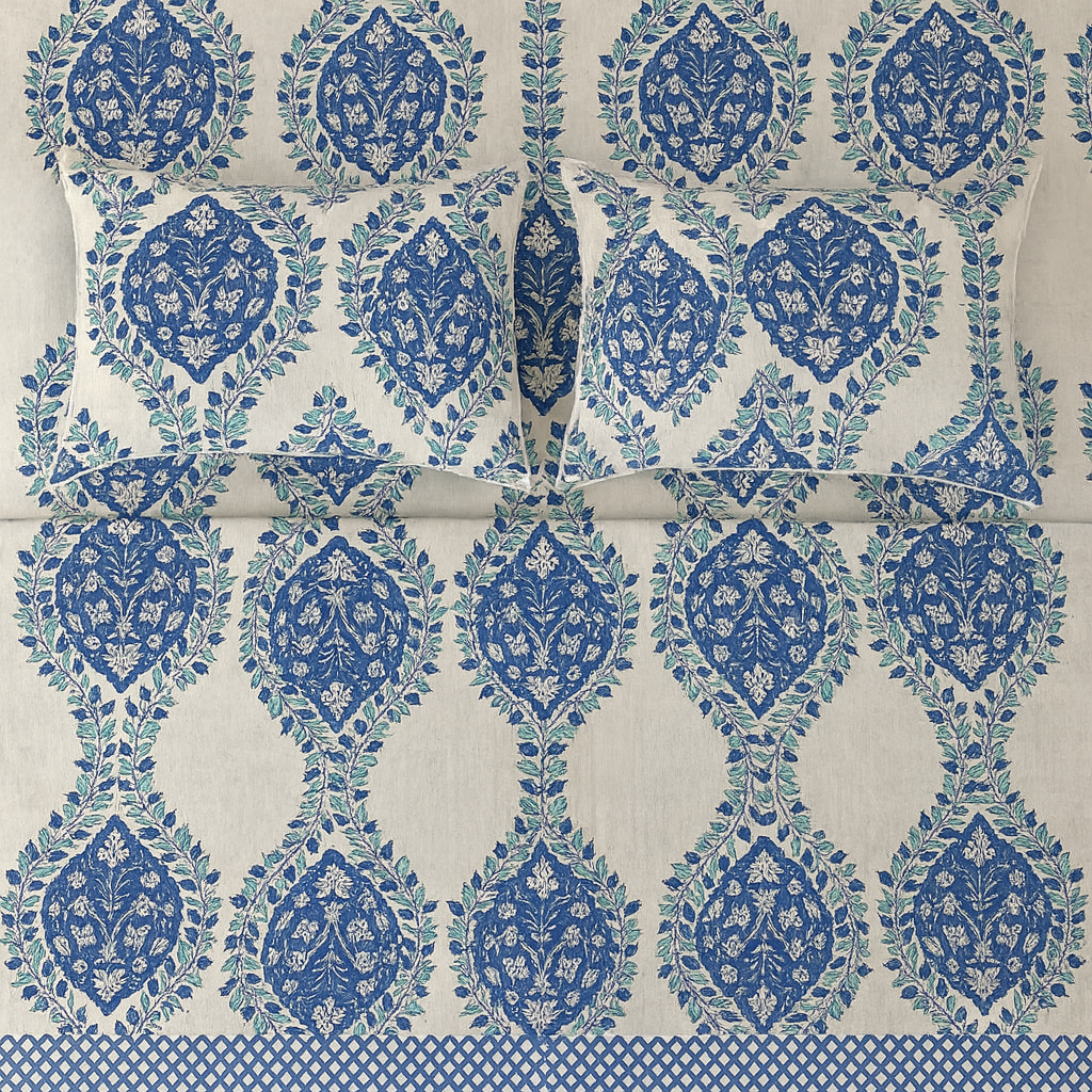 108×108 Pure Cotton King Size Bedsheet | GULDASTA Collection – Blue Royal Vine Motif | JAIBP05