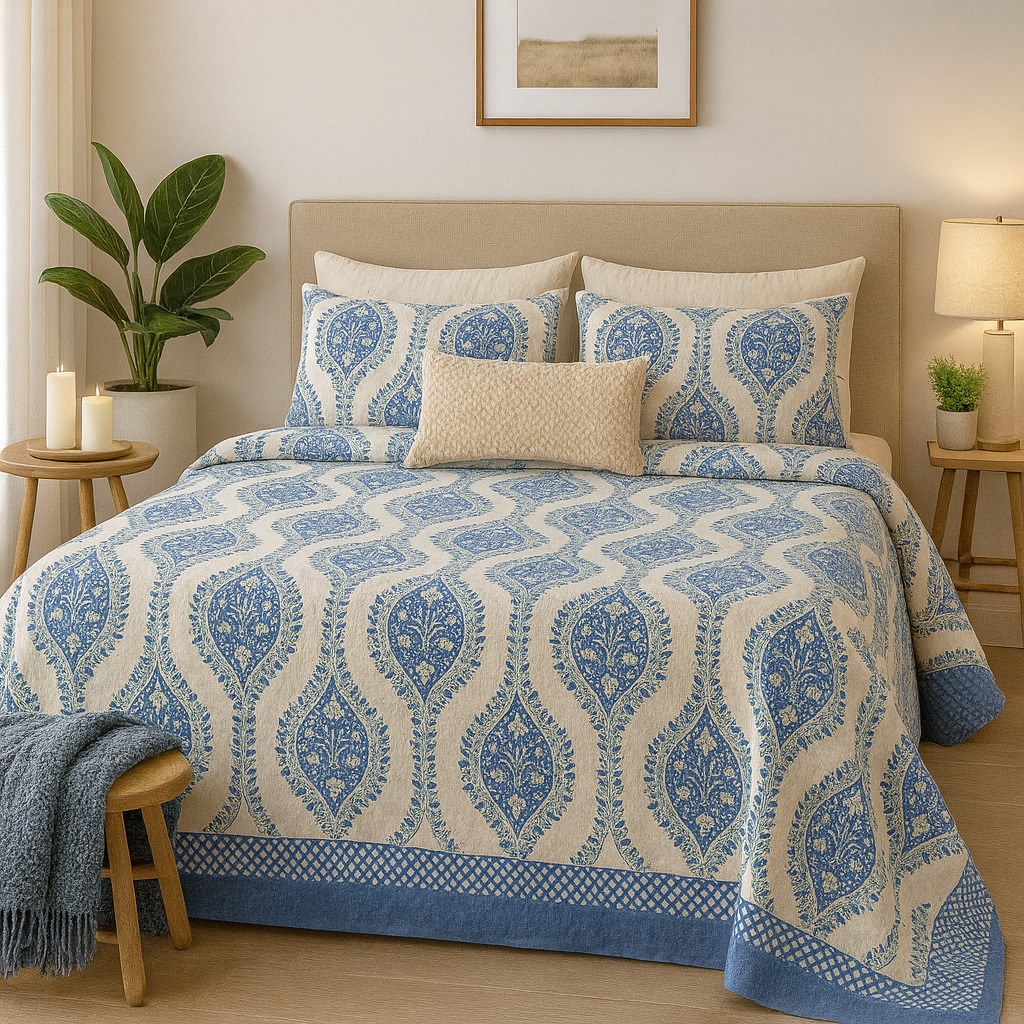 108×108 Pure Cotton King Size Bedsheet | GULDASTA Collection – Blue Royal Vine Motif | JAIBP05