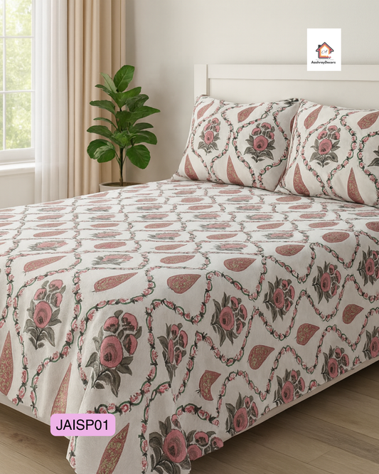 Cotton Double Bedsheet – Pink & Green Floral Motif with 2 Pillow Covers (90x108 inches) |JAISP01