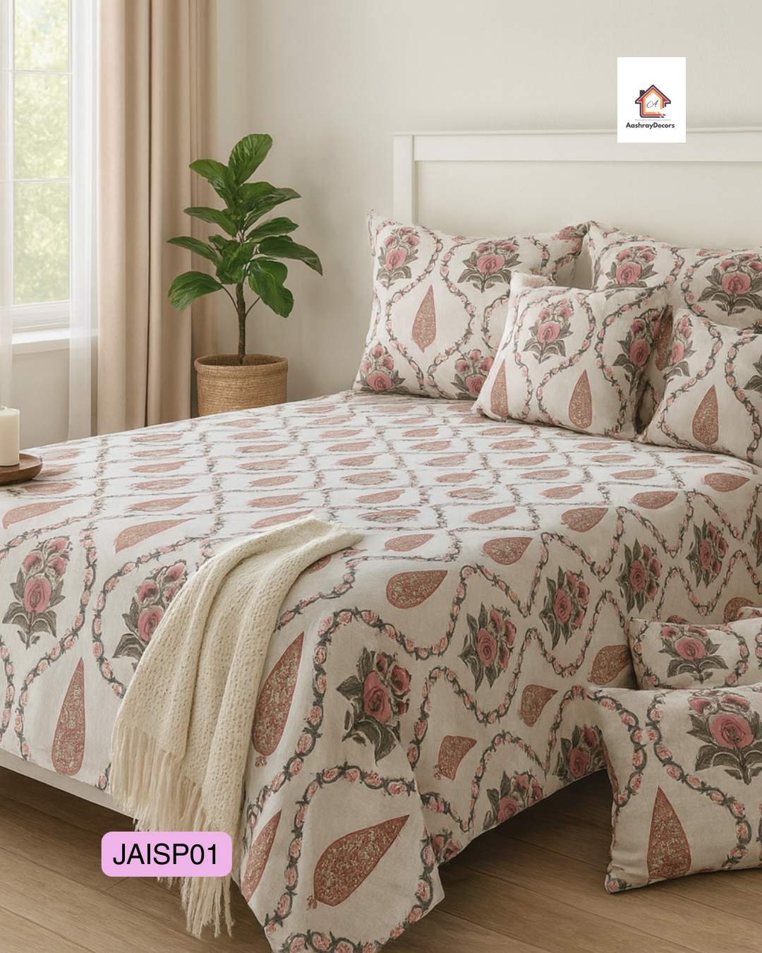 Cotton Double Bedsheet – Pink & Green Floral Motif with 2 Pillow Covers (90x108 inches) |JAISP01