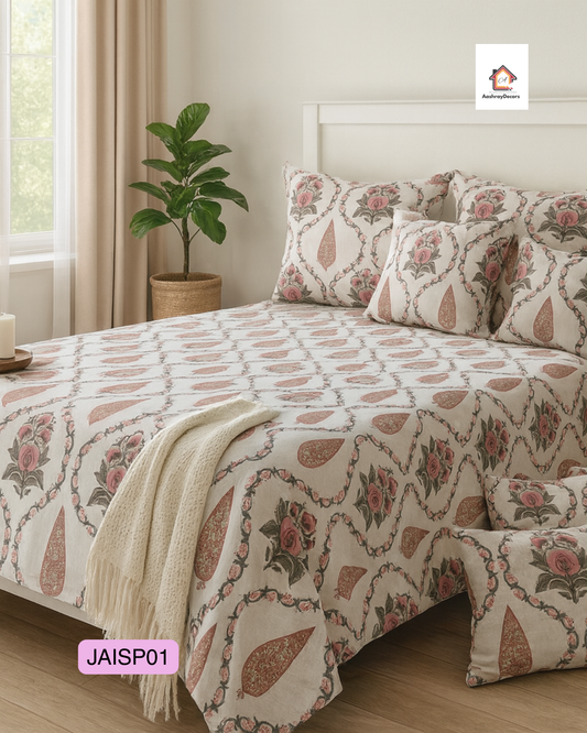 Cotton Double Bedsheet – Pink & Green Floral Motif with 2 Pillow Covers (90x108 inches) |JAISP01