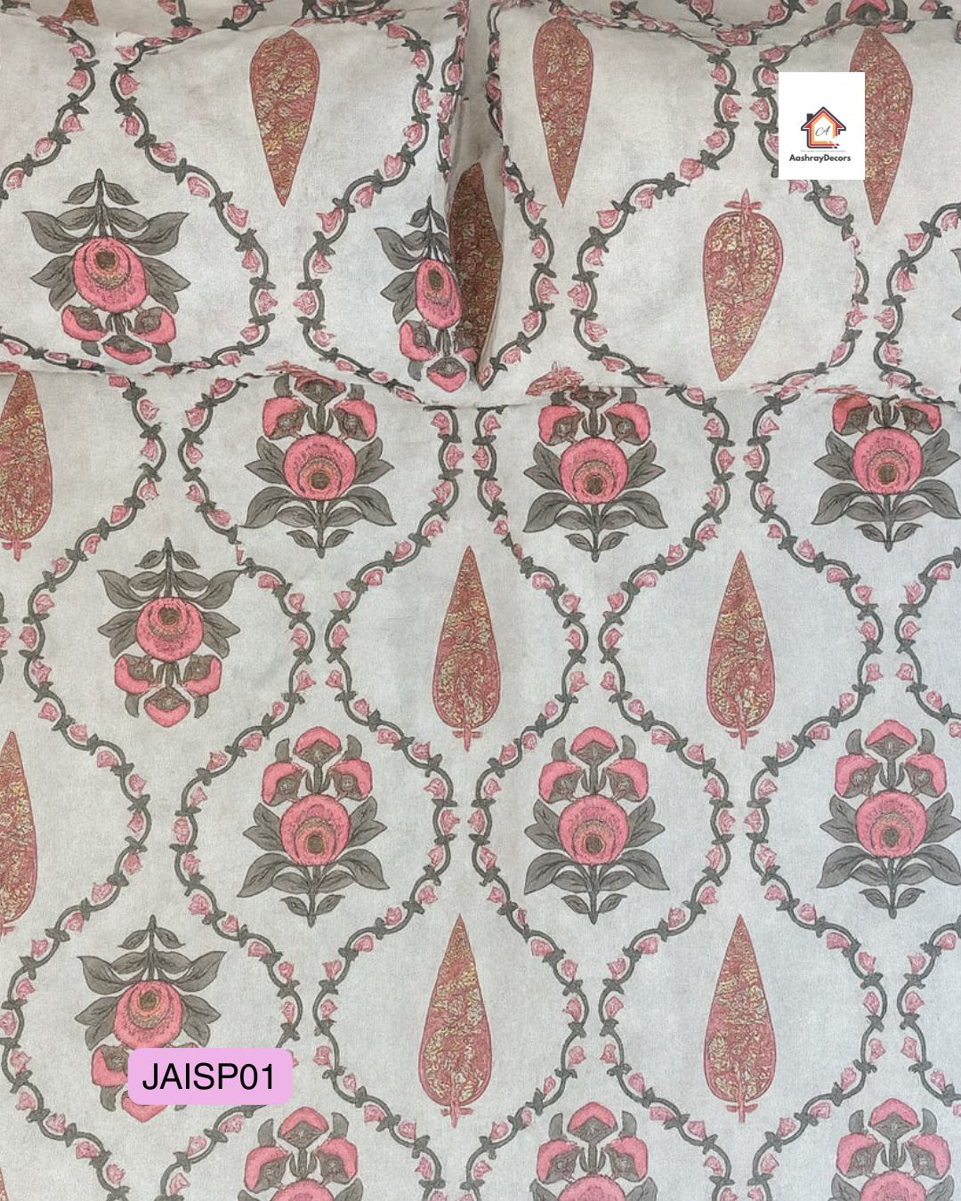 Cotton Double Bedsheet – Pink & Green Floral Motif with 2 Pillow Covers (90x108 inches) |JAISP01