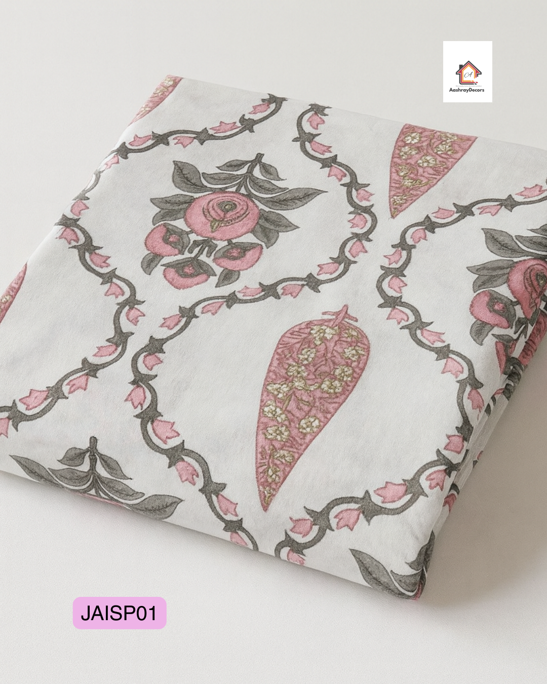 Cotton Double Bedsheet – Pink & Green Floral Motif with 2 Pillow Covers (90x108 inches) |JAISP01