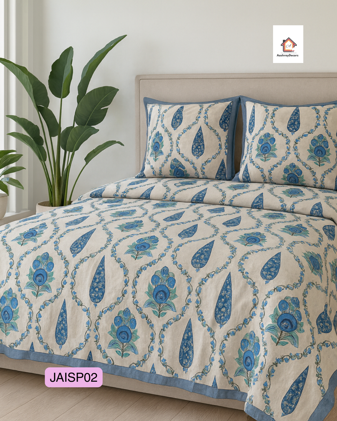 Cotton Double Bedsheet – Blue Floral Motif with 2 Pillow Covers (90x108 Inches) | JAISP02