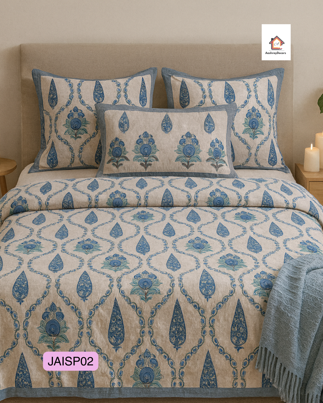 Cotton Double Bedsheet – Blue Floral Motif with 2 Pillow Covers (90x108 Inches) | JAISP02