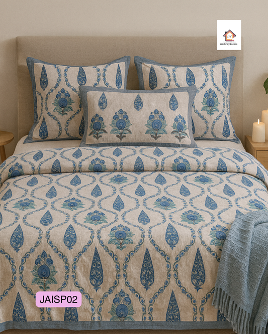 Cotton Double Bedsheet – Blue Floral Motif with 2 Pillow Covers (90x108 Inches) | JAISP02