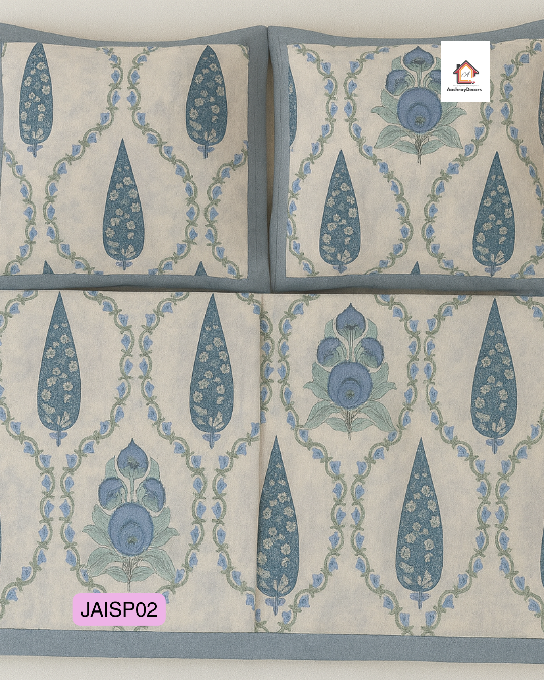 Cotton Double Bedsheet – Blue Floral Motif with 2 Pillow Covers (90x108 Inches) | JAISP02