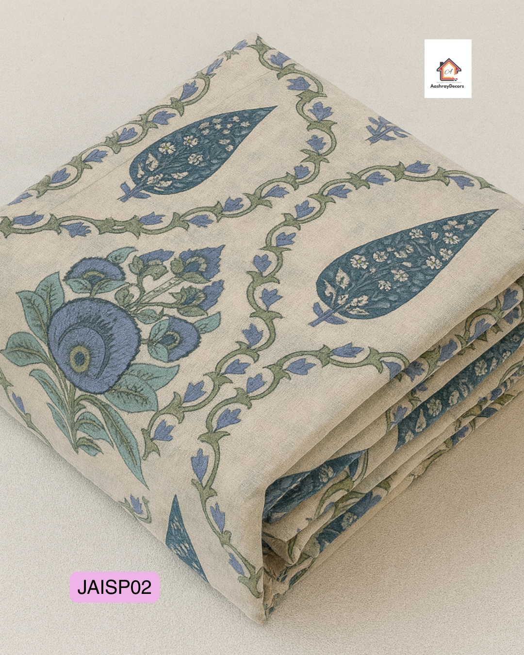 Cotton Double Bedsheet – Blue Floral Motif with 2 Pillow Covers (90x108 Inches) | JAISP02