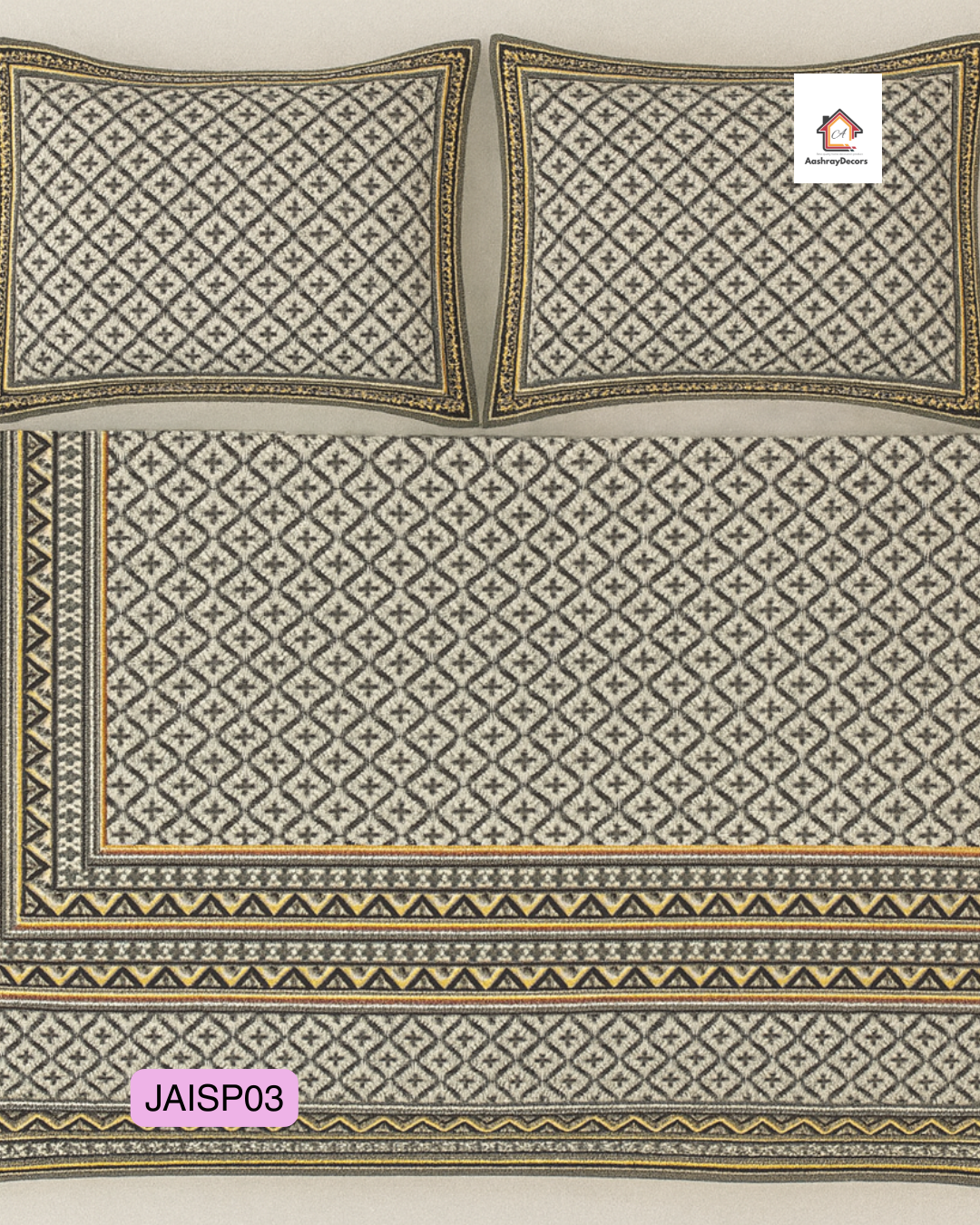 Cotton Double Bedsheet – Mustard & Black Jaipuri Block Pattern with 2 Pillow Covers (90x108 Inches) | JAISP03