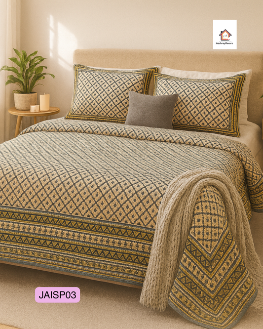 Cotton Double Bedsheet – Mustard & Black Jaipuri Block Pattern with 2 Pillow Covers (90x108 Inches) | JAISP03