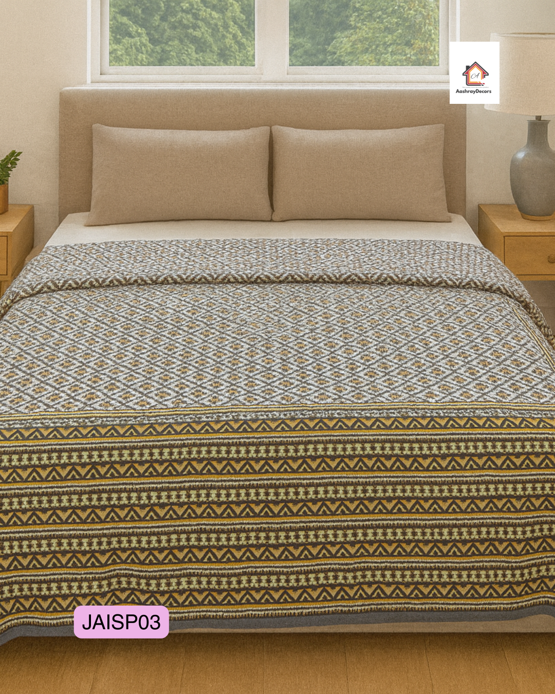 Cotton Double Bedsheet – Mustard & Black Jaipuri Block Pattern with 2 Pillow Covers (90x108 Inches) | JAISP03