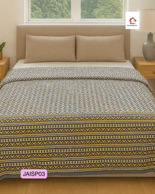 Cotton Double Bedsheet – Mustard & Black Jaipuri Block Pattern with 2 Pillow Covers (90x108 Inches) | JAISP03