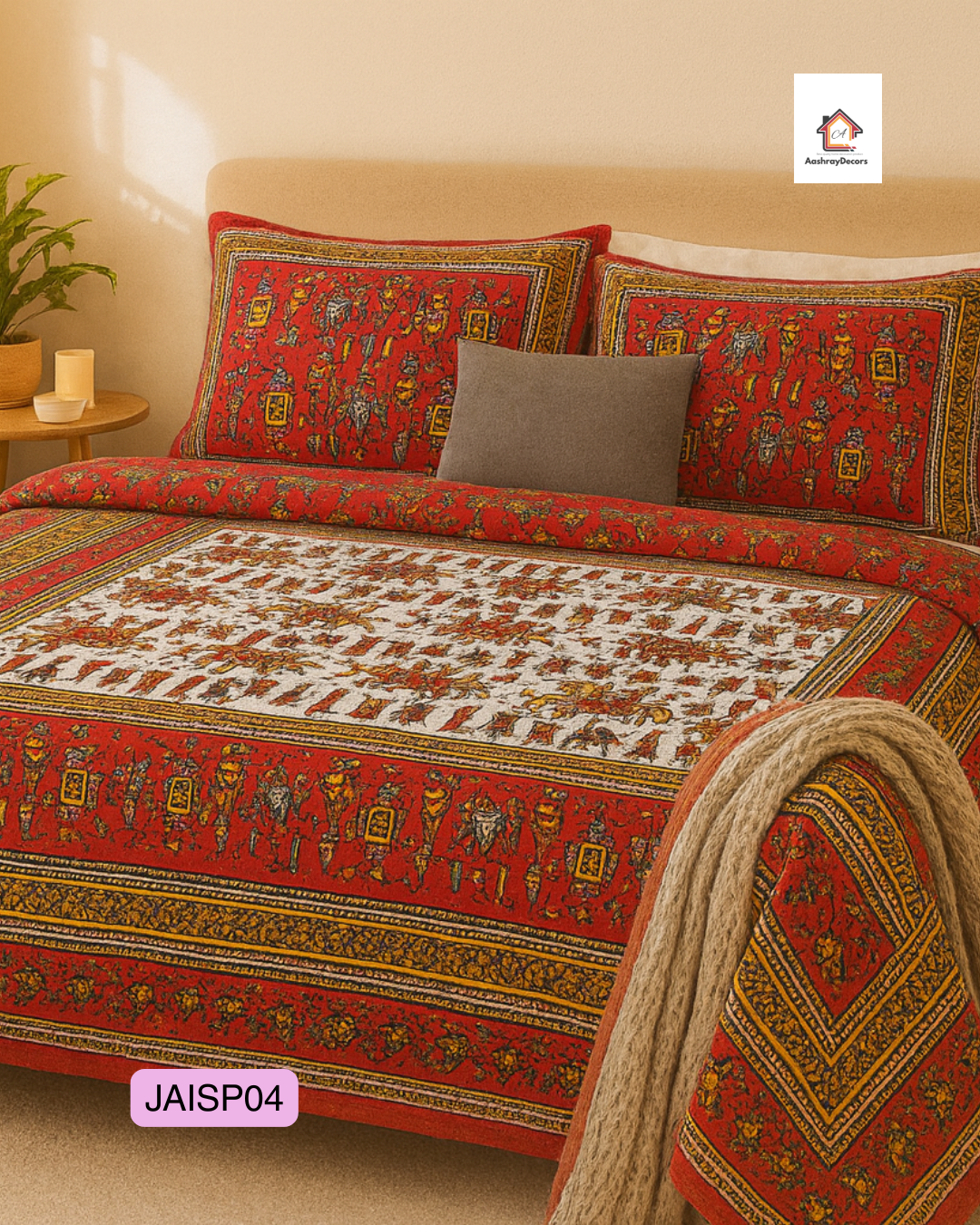 Royal Rajasthani Elephant Print Cotton Double Bedsheet – 90x108 (With 2 Pillow Covers) | JAISP04