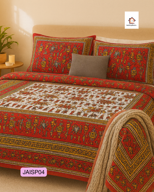Royal Rajasthani Elephant Print Cotton Double Bedsheet – 90x108 (With 2 Pillow Covers) | JAISP04