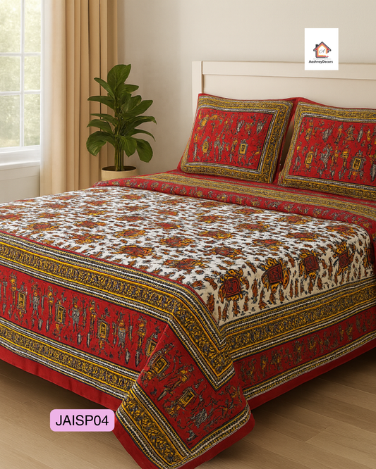 Royal Rajasthani Elephant Print Cotton Double Bedsheet – 90x108 (With 2 Pillow Covers) | JAISP04