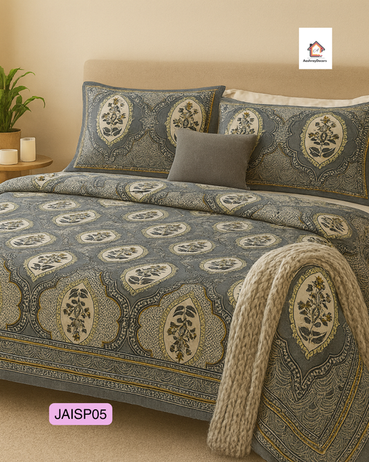 JAALIKA – Grey Floral Heritage Pure Cotton Double Bedsheet (90×108) with 2 Pillow Covers | JAISP05
