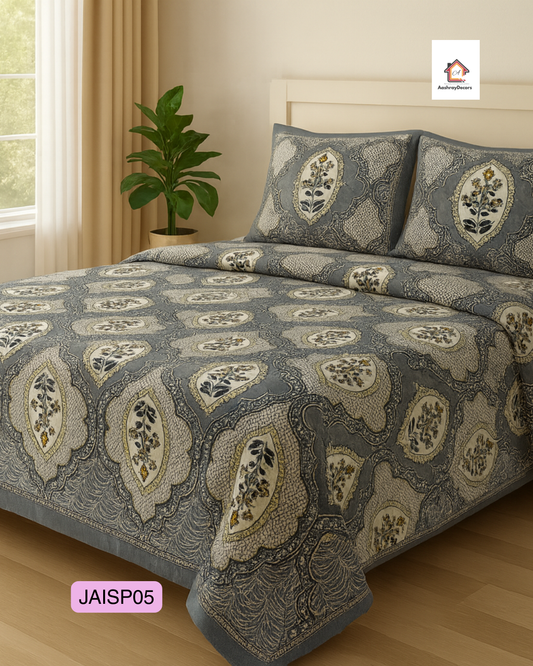 JAALIKA – Grey Floral Heritage Pure Cotton Double Bedsheet (90×108) with 2 Pillow Covers | JAISP05