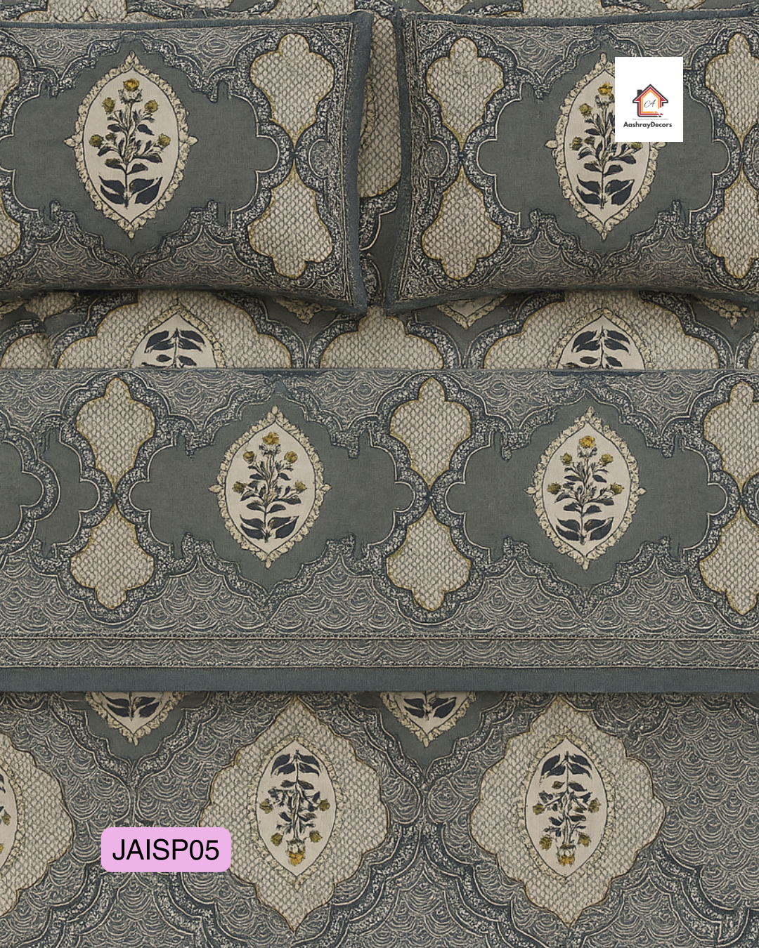 JAALIKA – Grey Floral Heritage Pure Cotton Double Bedsheet (90×108) with 2 Pillow Covers | JAISP05