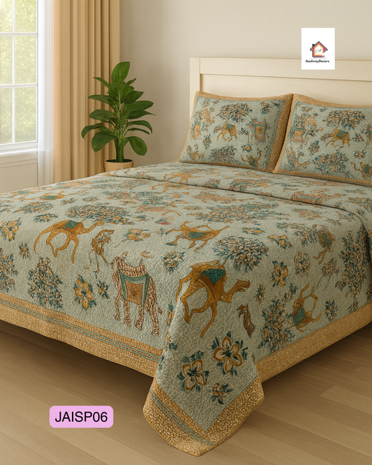 JAALIKA – Rajasthani Camel Motif Pure Cotton Double Bedsheet (90×108) with 2 Pillow Covers | JAISP06