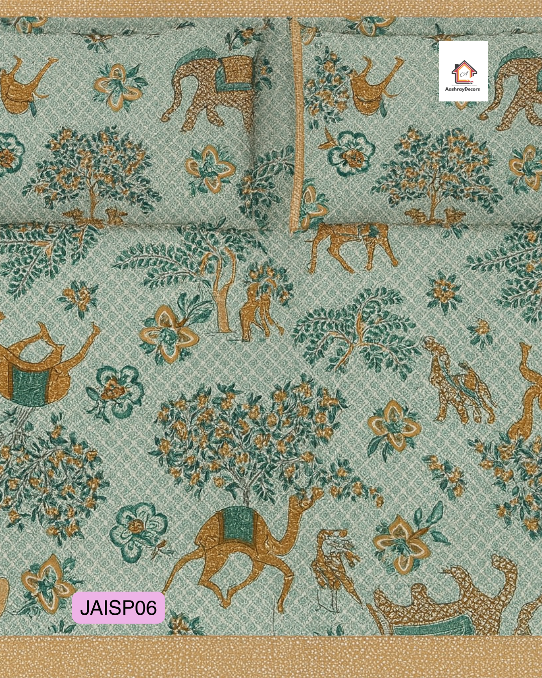 JAALIKA – Rajasthani Camel Motif Pure Cotton Double Bedsheet (90×108) with 2 Pillow Covers | JAISP06