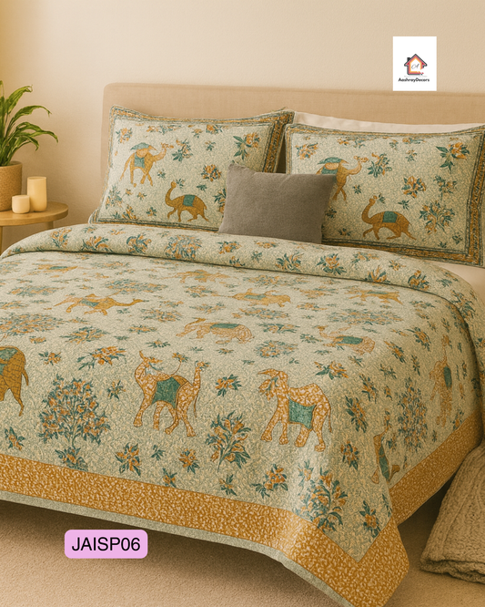 JAALIKA – Rajasthani Camel Motif Pure Cotton Double Bedsheet (90×108) with 2 Pillow Covers | JAISP06