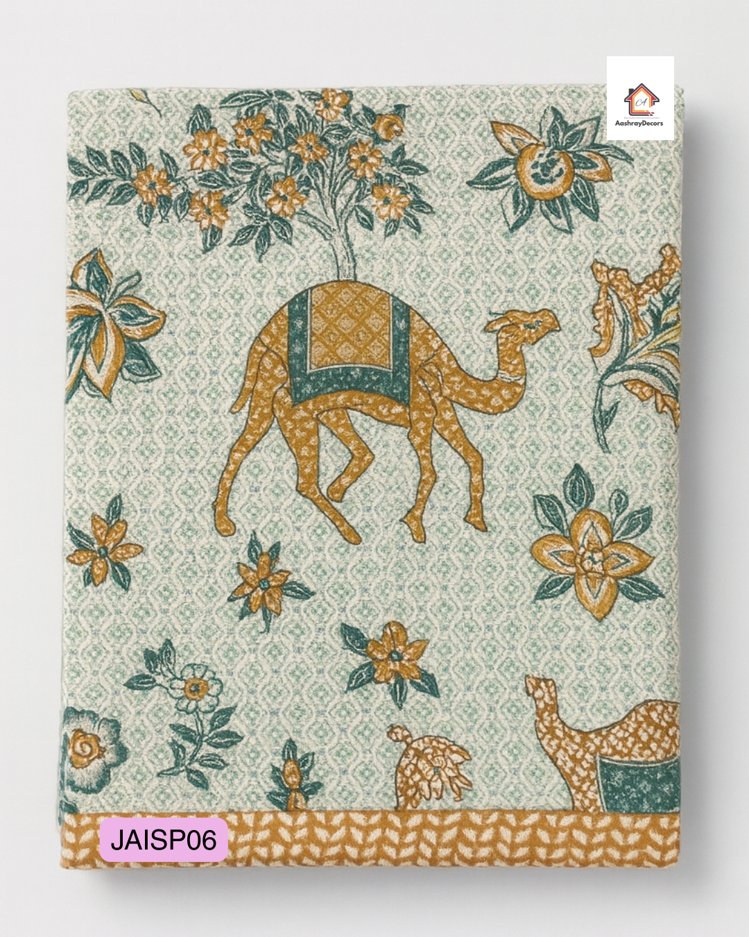 JAALIKA – Rajasthani Camel Motif Pure Cotton Double Bedsheet (90×108) with 2 Pillow Covers | JAISP06