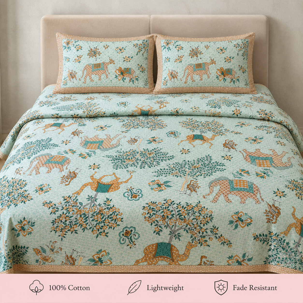 JAALIKA – Rajasthani Camel Motif Pure Cotton Double Bedsheet (90×108) with 2 Pillow Covers | JAISP06