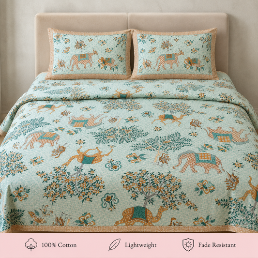 JAALIKA – Rajasthani Camel Motif Pure Cotton Double Bedsheet (90×108) with 2 Pillow Covers | JAISP06