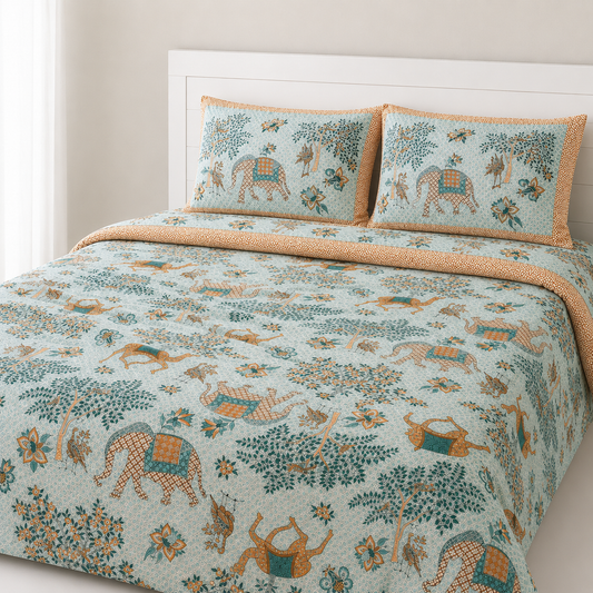 JAALIKA – Rajasthani Camel Motif Pure Cotton Double Bedsheet (90×108) with 2 Pillow Covers | JAISP06
