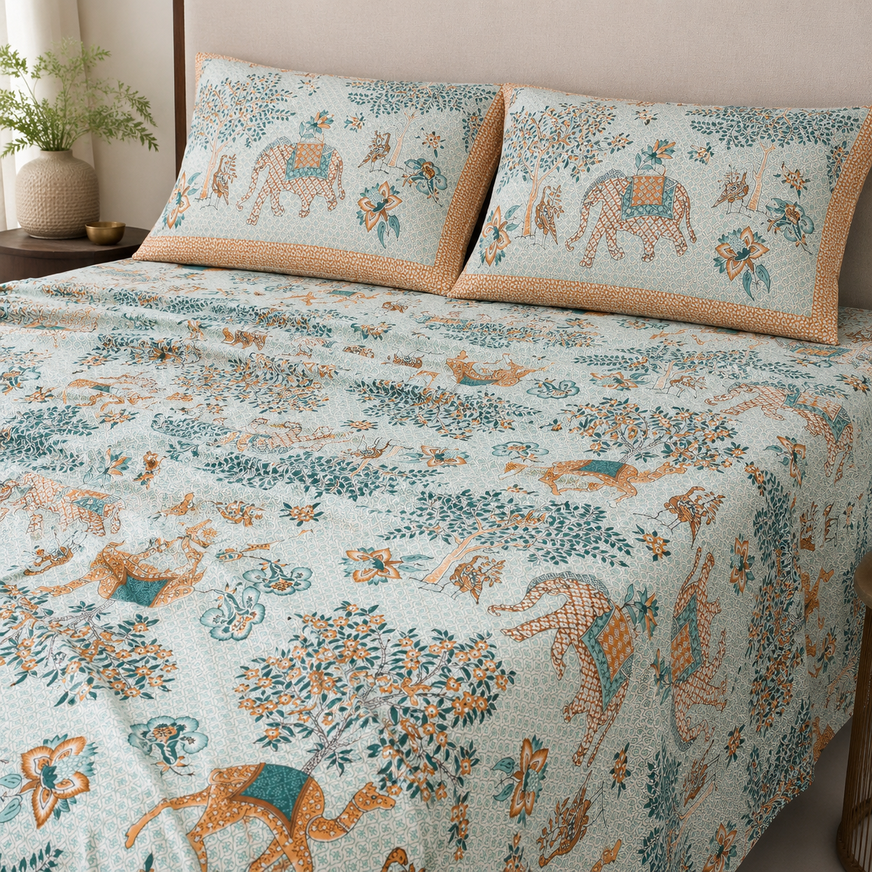 JAALIKA – Rajasthani Camel Motif Pure Cotton Double Bedsheet (90×108) with 2 Pillow Covers | JAISP06