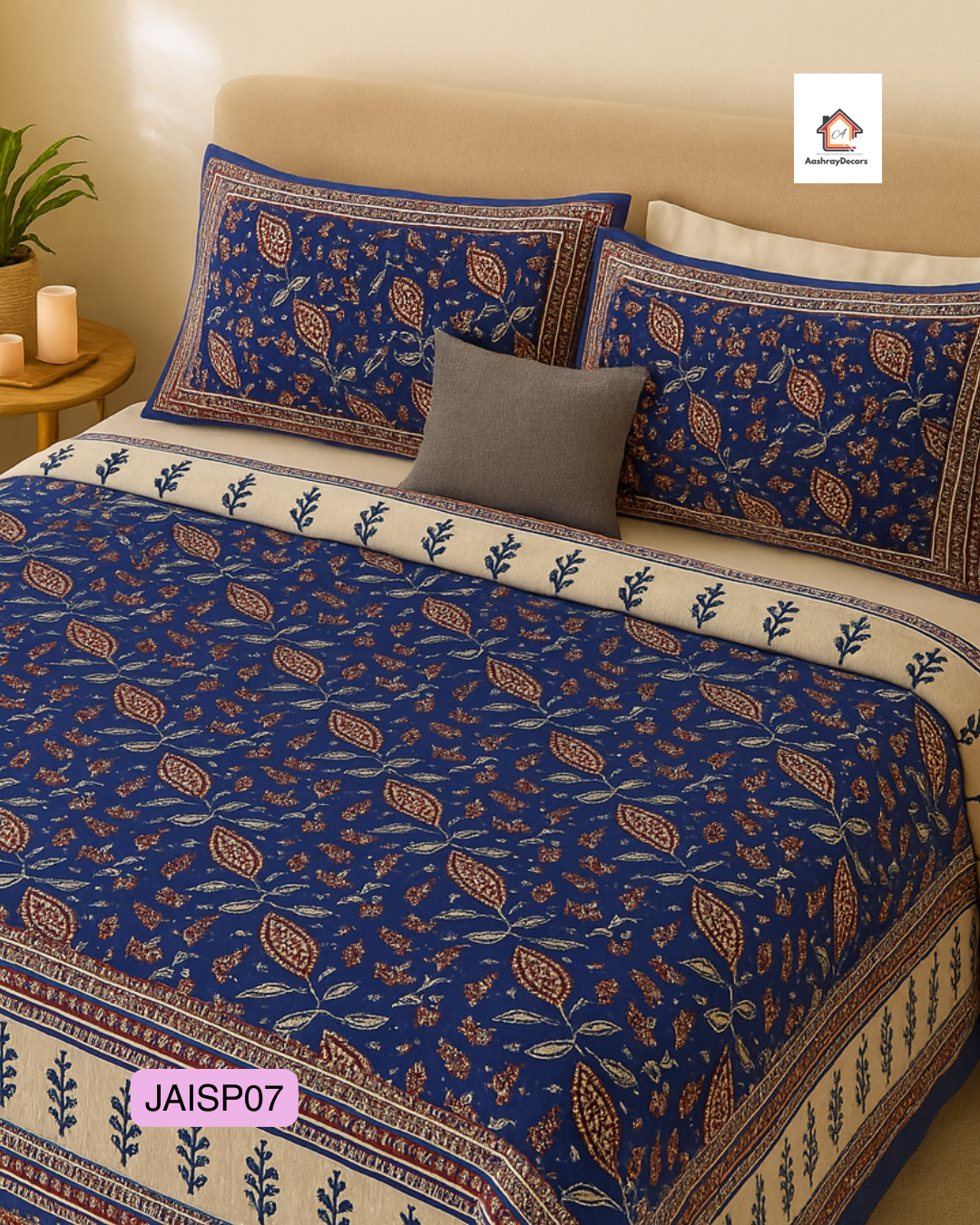 JAALIKA – Classic Indigo Paisley Pure Cotton Double Bedsheet (90×108) with 2 Pillow Covers | JAISP07