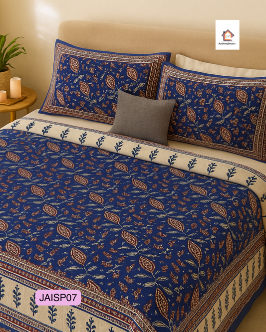 JAALIKA – Classic Indigo Paisley Pure Cotton Double Bedsheet (90×108) with 2 Pillow Covers | JAISP07