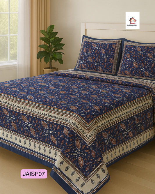 JAALIKA – Classic Indigo Paisley Pure Cotton Double Bedsheet (90×108) with 2 Pillow Covers | JAISP07